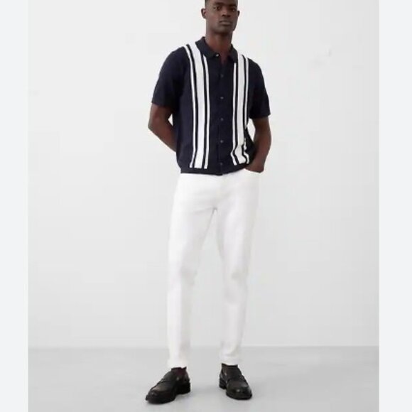 NEW Banana Republic Navy Blue White Button Down Vertical Stripe Polo Knit Men's - Picture 1 of 9